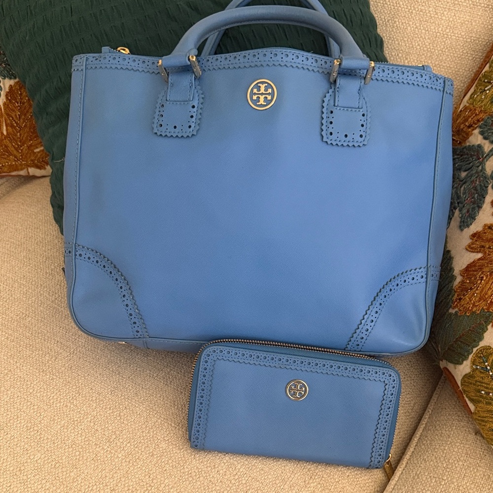 Tory Burch Blue Satchel and Wallet Set